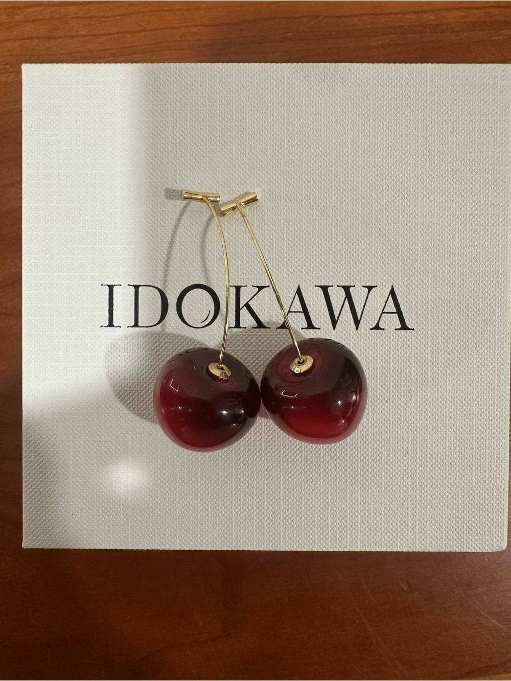Red Cherry Drop Earrings - Gold Stems